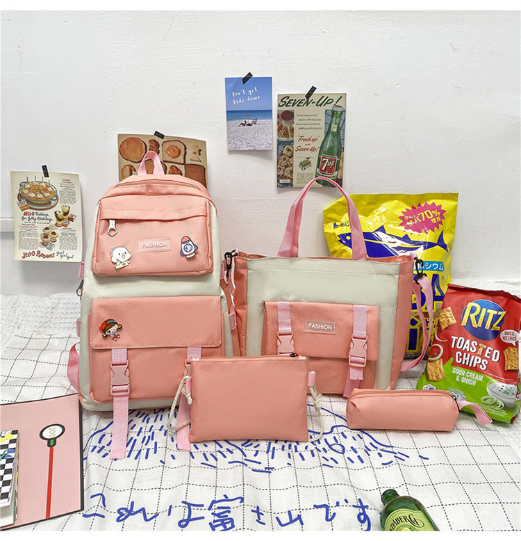 Korean Style Mori Casual Oxford Cloth Student Four-piece Set Backpack